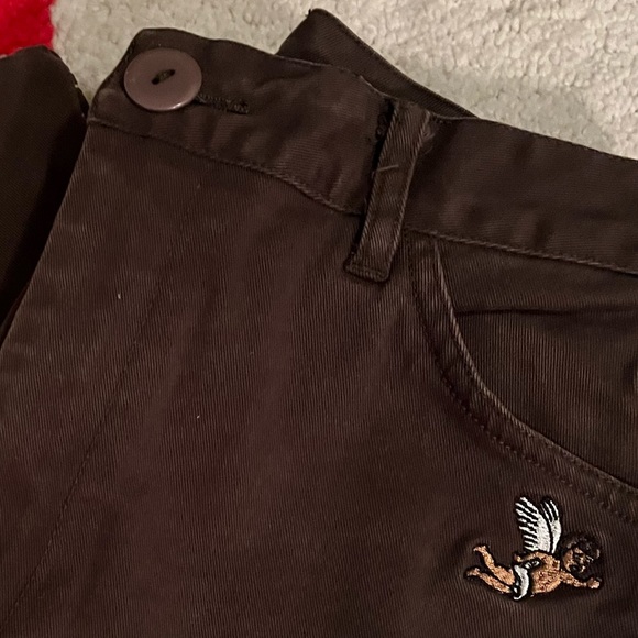 HOT LAVA Khaki Olive Green/Brown Work Wear Pants w/ Embroidered Cherubs - Picture 7 of 10